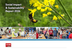 Cover of 2026 Cook Medical Social Impact & Sustainability Report with large photo of bee feeding on nectar in a cluster of yellow flowers, and a row of smaller images of employees participating in SI&S events